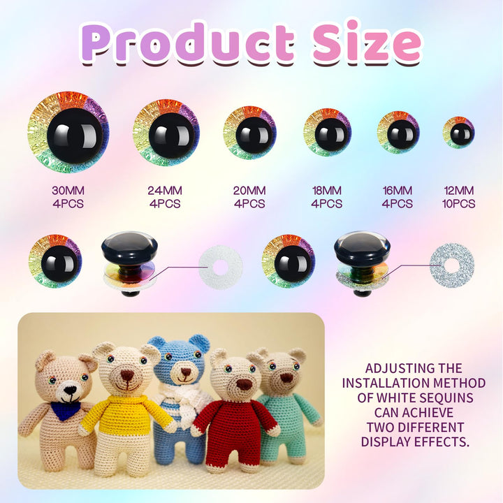 30Pcs 12-30mm 3D Rainbow Glitter Safety Eyes - MUCUNNIA