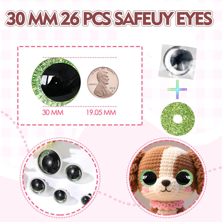 52Pcs 30mm Green Glitter Safety Eyes in Moon - MUCUNNIA