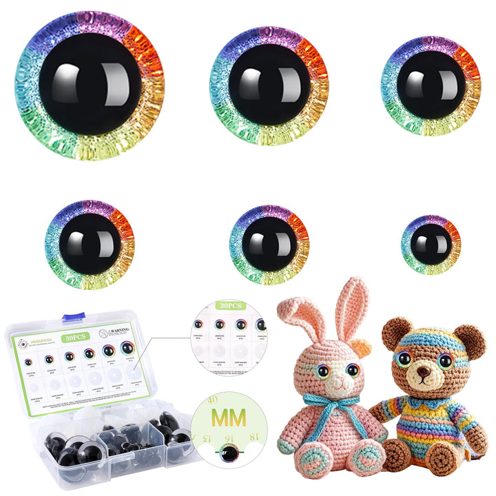 60Pcs 12-30mm 3D Rainbow Glitter Safety Eyes - MUCUNNIA