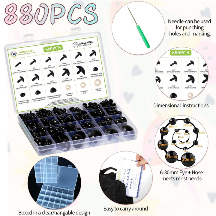 880pcs Plastic Black Safety Eyes and Noses - MUCUNNIA